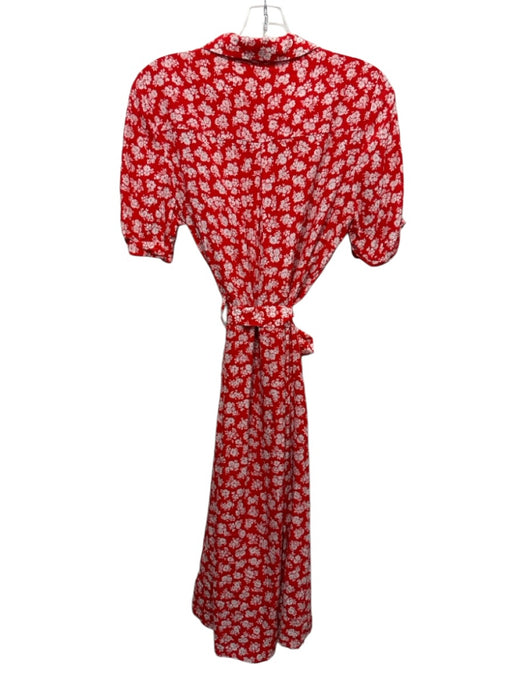 Sezane Size 40 Red & White Silk Floral Short Sleeve Button Front Dress Red & White / 40