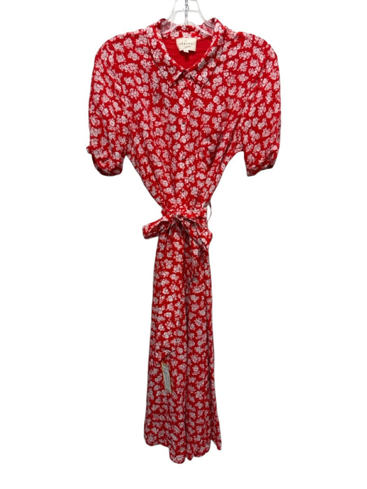Sezane Size 40 Red & White Silk Floral Short Sleeve Button Front Dress Red & White / 40