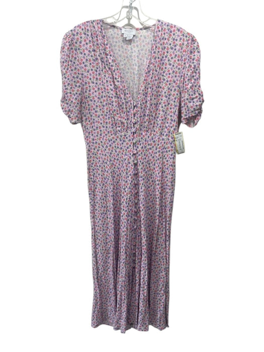 Ghost Size M Pink & Multi Viscose Floral Short Sleeve Button Front V Neck Dress Pink & Multi / M