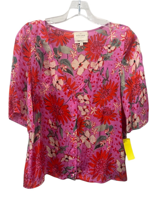Sezane Size 38 Pink, orange & cream Silk Floral 1/2 Sleeve Button Front Top Pink, orange & cream / 38
