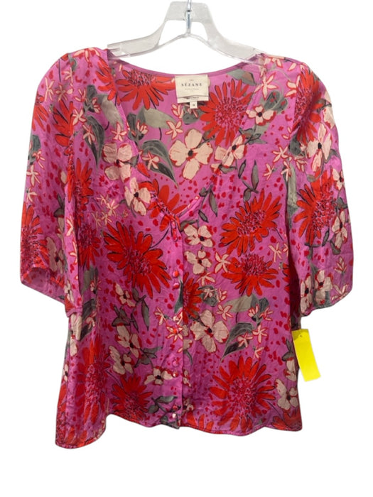 Sezane Size 38 Pink, orange & cream Silk Floral 1/2 Sleeve Button Front Top Pink, orange & cream / 38
