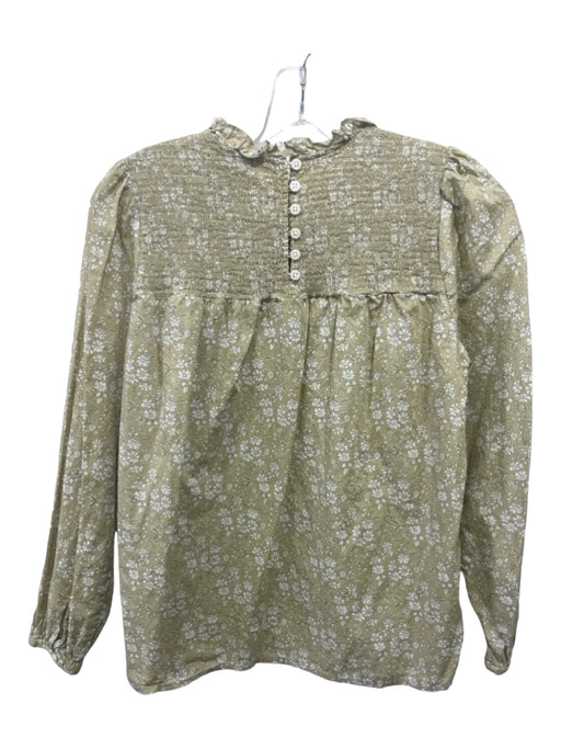 J Crew Liberty Size S Green & White Cotton Floral Smocked Yolk Button Back Top Green & White / S