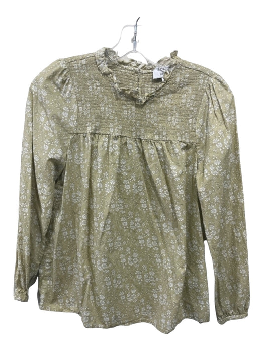 J Crew Liberty Size S Green & White Cotton Floral Smocked Yolk Button Back Top Green & White / S