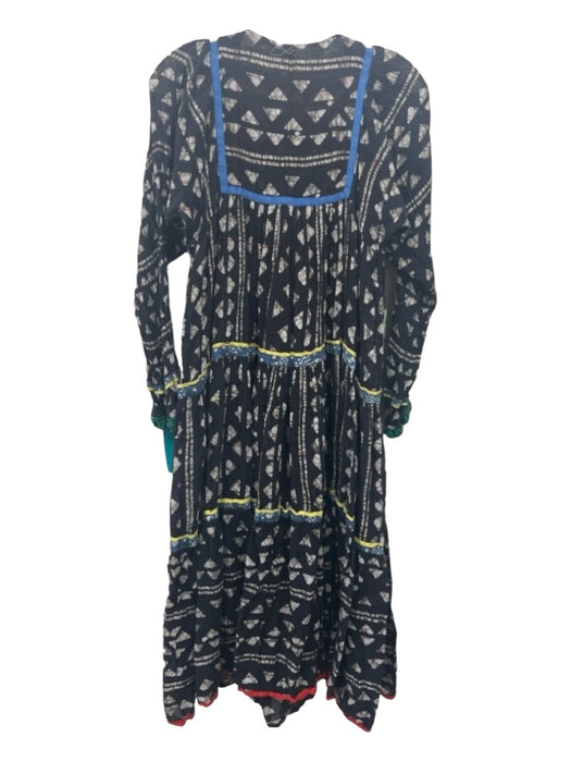 Warm Size S Black & Multi Cotton Printed Round Split Neck Long Sleeve Midi Dress Black & Multi / S