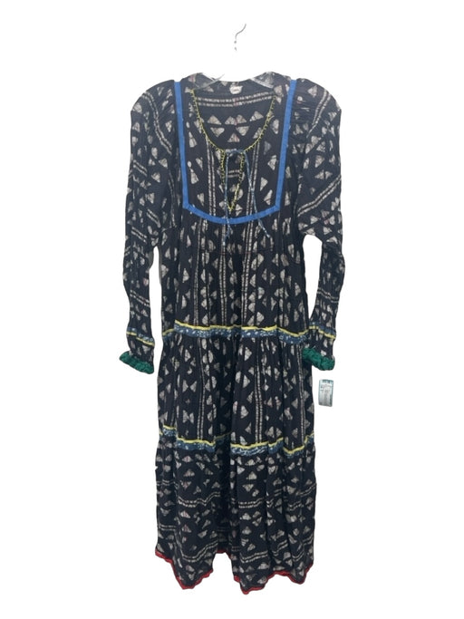 Warm Size S Black & Multi Cotton Printed Round Split Neck Long Sleeve Midi Dress Black & Multi / S