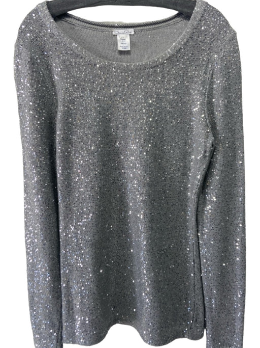 Oscar De La Renta Size L Gray Cotton Blend Sequin Long Sleeve Knit Sweater Gray / L