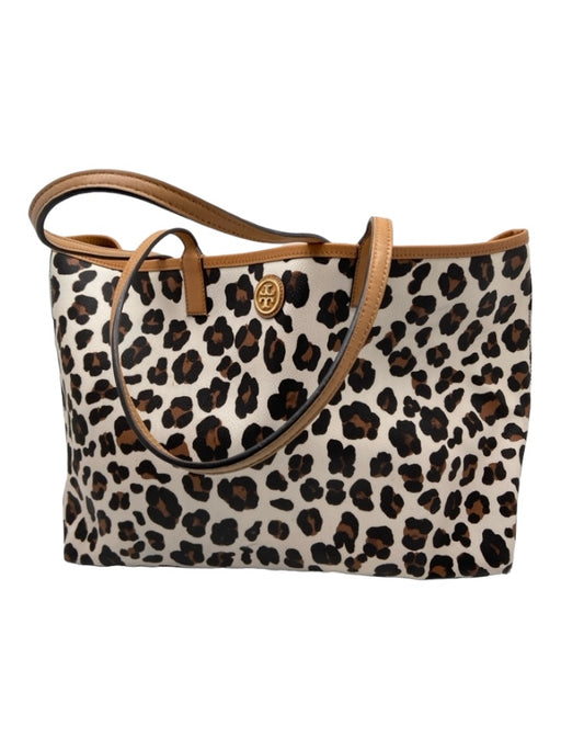 Tory Burch White & Brown Leather Animal Print Tote Shoulder Gold Hardware Bag White & Brown / L