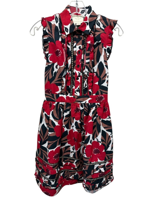 Kate Spade Size 0 Red & Multi Cotton & Linen Pockets Floral Print Ruffle Dress Red & Multi / 0