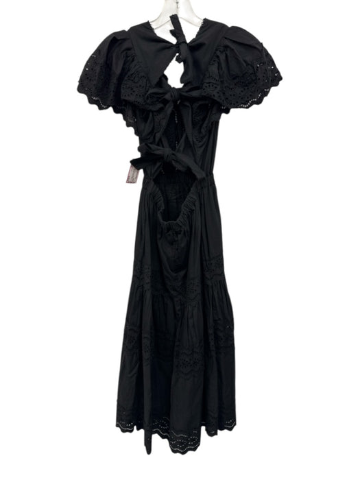 Sea New York Size 00 Black Cotton Ruffle Short Sleeve Floral Eyelet Midi Dress Black / 00