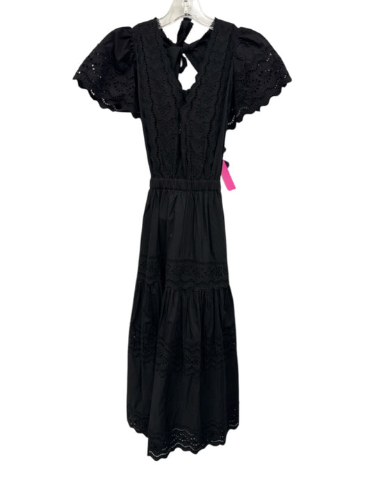 Sea New York Size 00 Black Cotton Ruffle Short Sleeve Floral Eyelet Midi Dress Black / 00
