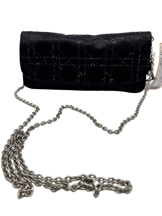 Christian Dior Black Satin Rhinestone Silver Hardware Logo Clutch Bag