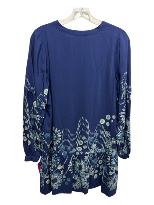 Marie Oliver Size XS Navy & Green Rayon Blend Long Sleeve Floral Pintucks Dress Navy & Green / XS