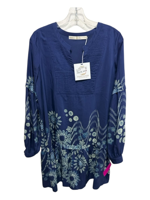 Marie Oliver Size XS Navy & Green Rayon Blend Long Sleeve Floral Pintucks Dress Navy & Green / XS