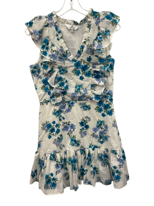 LaRoque Size M Blue, Green, White Cotton Flutter Cap sleeve Floral V Neck Dress Blue, Green, White / M