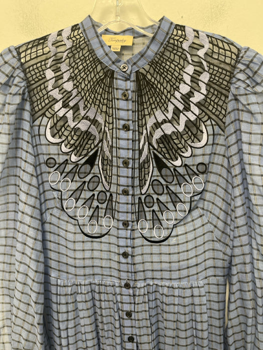 Temperley Size 4 Blue Silk Blend Button Front Embroidered Plaid Dress
