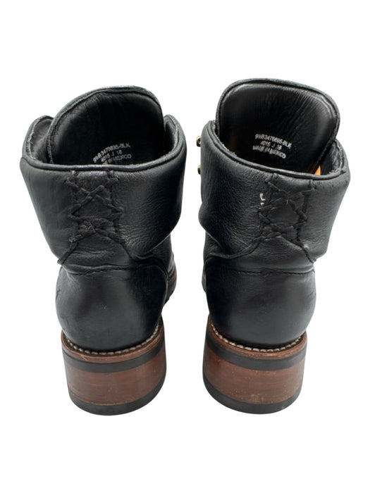 Frye Shoe Size 9.5 B Black Leather Lace Up Stacked Heel Brass Hardware Booties Black / 9.5 B