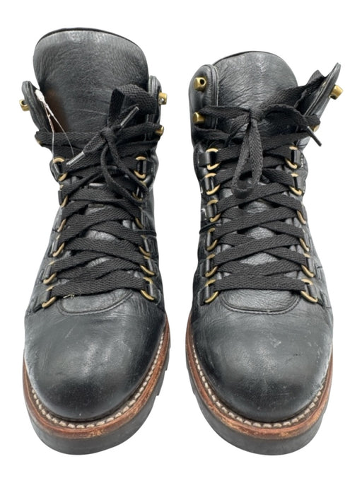 Frye Shoe Size 9.5 B Black Leather Lace Up Stacked Heel Brass Hardware Booties Black / 9.5 B