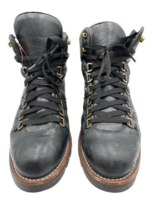 Frye Shoe Size 9.5 B Black Leather Lace Up Stacked Heel Brass Hardware Booties Black / 9.5 B
