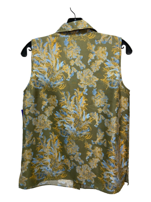 Lafayette 148 Size S Green, Blue & Yellow Silk Collar Abstract Floral Top Green, Blue & Yellow / S
