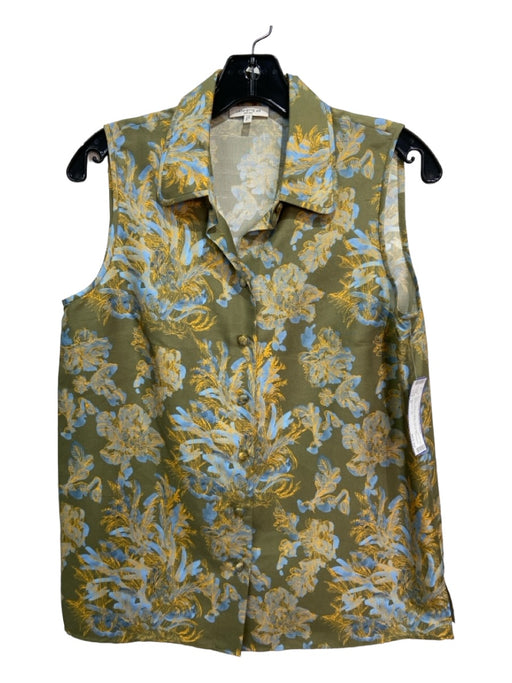 Lafayette 148 Size S Green, Blue & Yellow Silk Collar Abstract Floral Top Green, Blue & Yellow / S