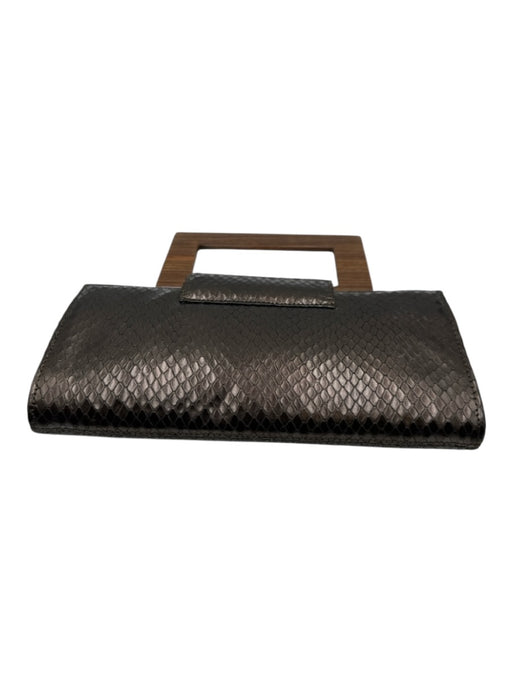 Fiori Dark Brown Leather Wood Handle Snake Skin Print Flap Clutch Bag Dark Brown / Small