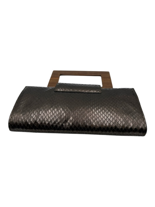 Fiori Dark Brown Leather Wood Handle Snake Skin Print Flap Clutch Bag Dark Brown / Small