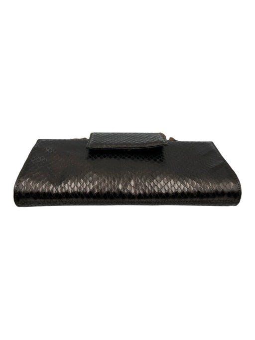 Fiori Dark Brown Leather Wood Handle Snake Skin Print Flap Clutch Bag Dark Brown / Small