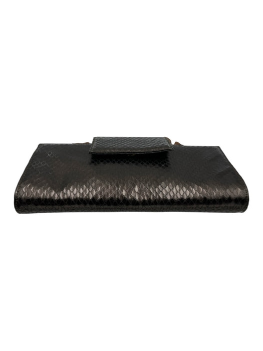 Fiori Dark Brown Leather Wood Handle Snake Skin Print Flap Clutch Bag Dark Brown / Small