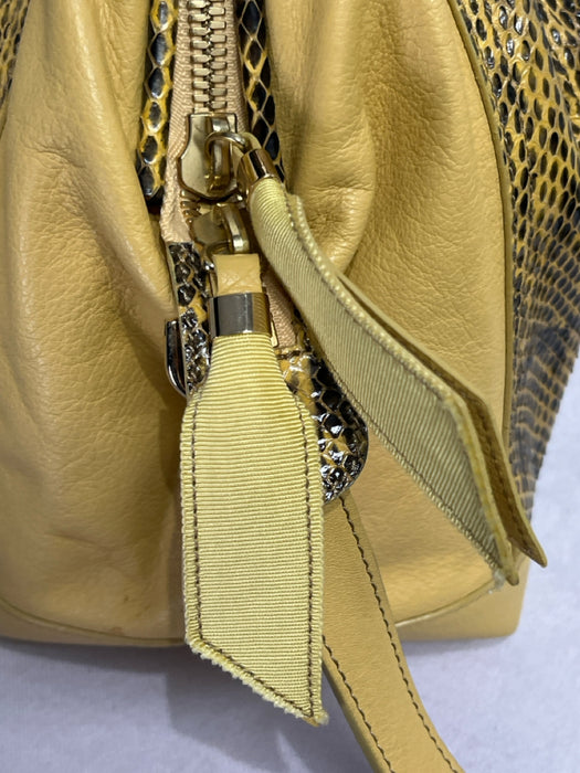 Nina Ricci Yellow & Black Leather Snake Skin Detail Gold Hardware Zip Close Bag