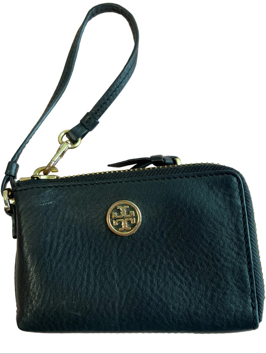 Tory Burch Black Leather Wristlet Logo Zip Close Gold Hardware Wallets