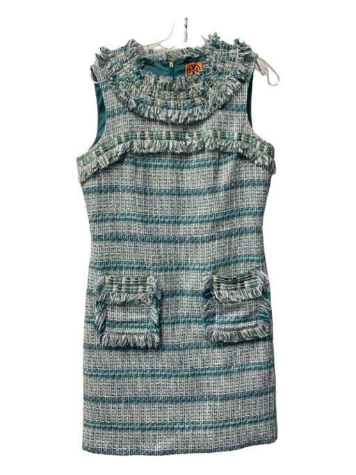 Tory Burch Size 8 Teal & White Cotton Blend Round Neck Sleeveless Frayed Dress Teal & White / 8