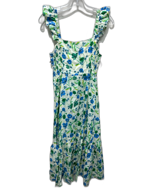 Draper James Size XS Cream, Green & Blue Print Linen Ruffle Strap Floral Dress Cream, Green & Blue Print / XS