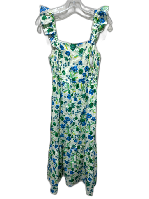 Draper James Size XS Cream, Green & Blue Print Linen Ruffle Strap Floral Dress Cream, Green & Blue Print / XS