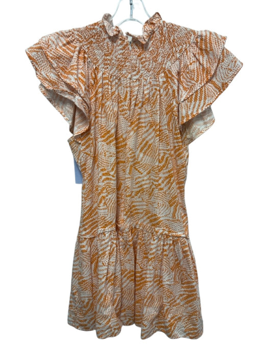 Pinch Size S Orange & White Cotton Cap Sleeve Abstract Print Ruffle Neck Dress Orange & White / S