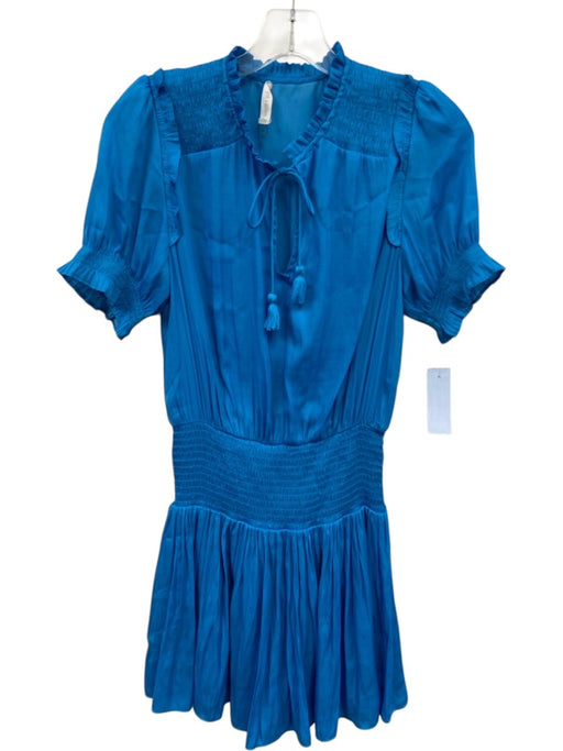 day + moon Size S Electric Blue Polyester Short Puff Sleeve Smocked Waist Dress Electric Blue / S