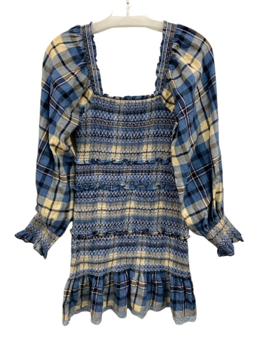Love Shack Fancy Size XS Blue, Black & Beige Cotton Long puff sleeve Plaid Dress Blue, Black & Beige / XS