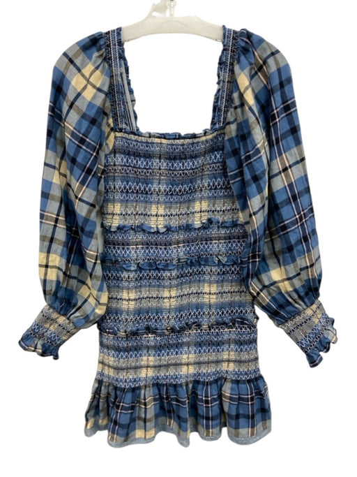 Love Shack Fancy Size XS Blue, Black & Beige Cotton Long puff sleeve Plaid Dress Blue, Black & Beige / XS
