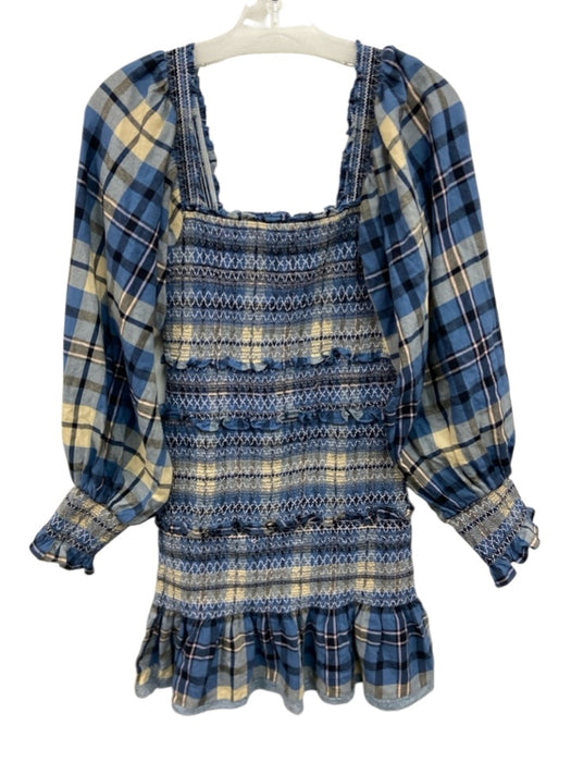 Love Shack Fancy Size XS Blue, Black & Beige Cotton Long puff sleeve Plaid Dress Blue, Black & Beige / XS