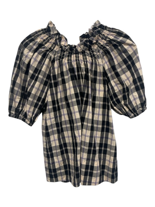 J Crew Size XXS Black, Beige, Purple Cotton Short Puff Sleeve Plaid Top Black, Beige, Purple / XXS