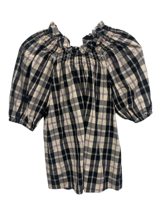 J Crew Size XXS Black, Beige, Purple Cotton Short Puff Sleeve Plaid Top Black, Beige, Purple / XXS
