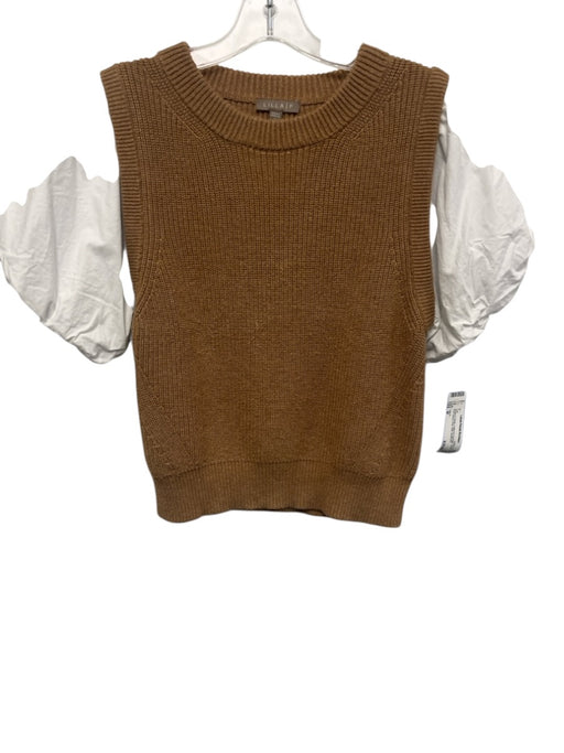 Lilla P Size M Brown & White Cotton & Polyester Short Puff Sleeve Knit Vest Top Brown & White / M