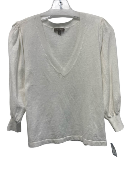 Lilla P Size M White Cotton & Linen Puff 1/2 Sleeve Knit V Neck Top White / M