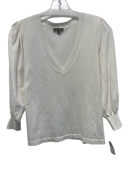 Lilla P Size M White Cotton & Linen Puff 1/2 Sleeve Knit V Neck Top White / M