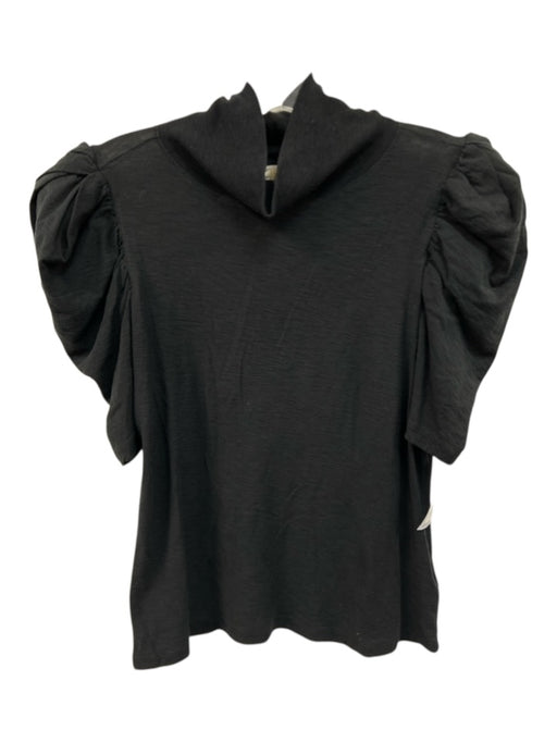 Nation Size M Black Pima Cotton Short Puff Sleeve Mock Neck Heathered Top Black / M