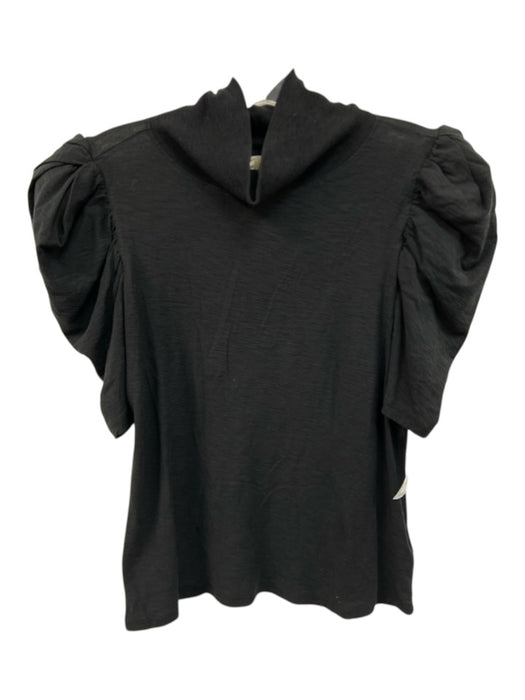 Nation Size M Black Pima Cotton Short Puff Sleeve Mock Neck Heathered Top Black / M