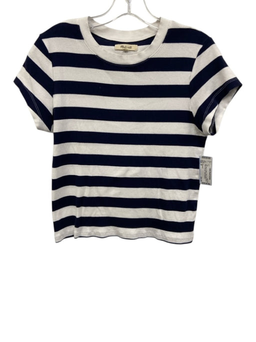 Madewell Size M Navy Blue & White Cotton Short Sleeve Stripe Rib Knit Top Navy Blue & White / M