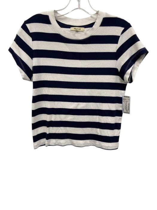 Madewell Size M Navy Blue & White Cotton Short Sleeve Stripe Rib Knit Top Navy Blue & White / M
