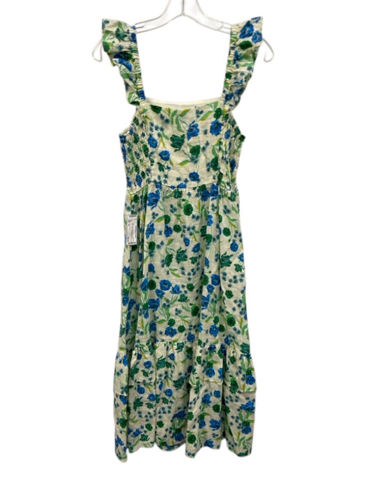 Draper James Size XS Yellow, Blue, Green Linen Shirred Floral Tiered Midi Dress Yellow, Blue, Green / XS