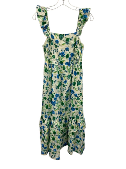 Draper James Size XS Yellow, Blue, Green Linen Shirred Floral Tiered Midi Dress Yellow, Blue, Green / XS