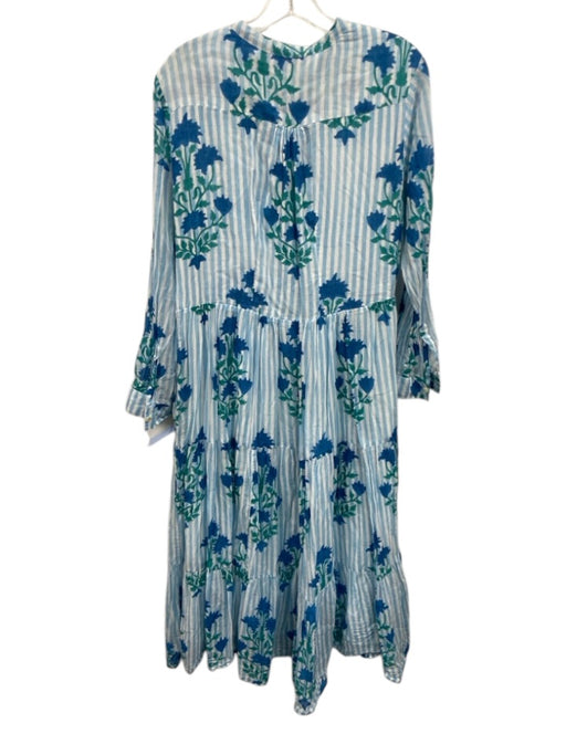 Oliphant Size L Blue, Green, White Cotton Stripe & Floral Long Sleeve Midi Dress Blue, Green, White / L